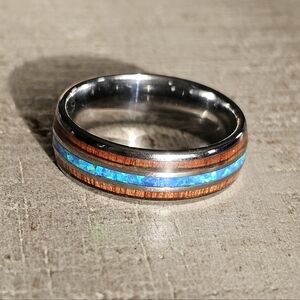 SOLD Tungsten Carbide Ring Mens 13 Blue Opal Wood Inlay Comfort Fit Wedding Band